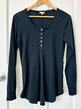 Mododoc Black Long Sleeve Henley Tee Long Top Button Detail Size M